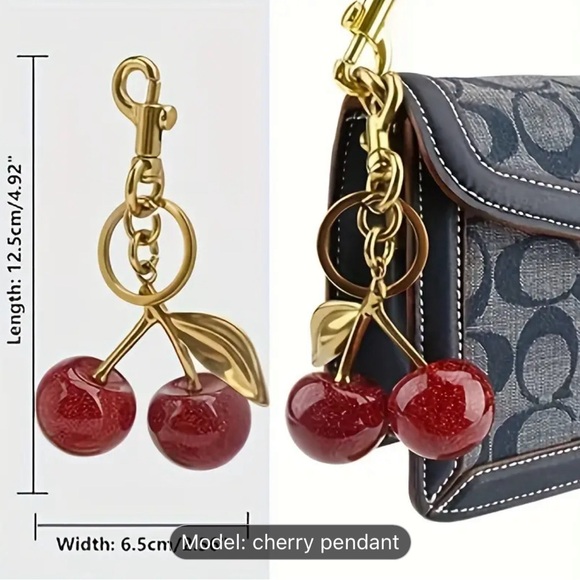 Cherry Keychain Charm - Resin 🍒 with Gold-Tone Metal Clip for Handbag and Purse - Picture 1 of 9